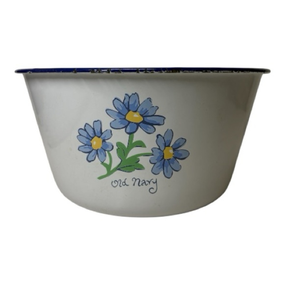 Vintage Old Navy Blue Floral Enamel Bowl